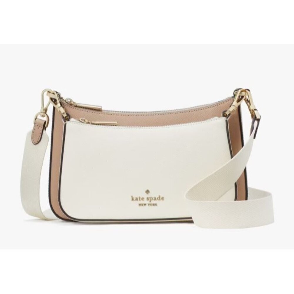 Kate Spade Womens Tan Ivory Saffiano Duet Leather Small Crossbody Handbags New